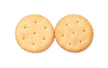 Two crispy crackers isolated on white, top view. Delicious snack