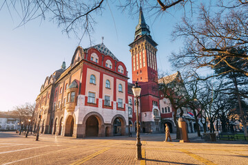 panoramic view of Subotica Town Hall as a focal point of the cityscape, its intricate decoration and grandeur attracting tourists
