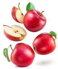 Red apples and red apples slices levitating in air isolated on white background.