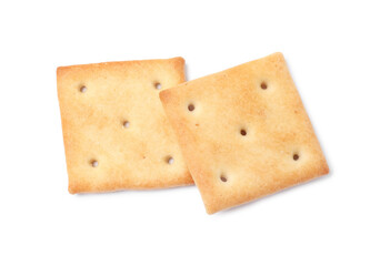 Two crispy crackers isolated on white, top view. Delicious snack