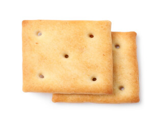 Two crispy crackers isolated on white, top view. Delicious snack