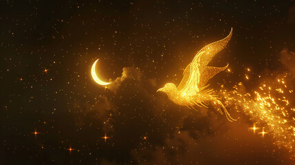 Obraz na płótnie Canvas Magical golden bird in flight against a starry night sky, with a crescent moon glowing softly in the background. 