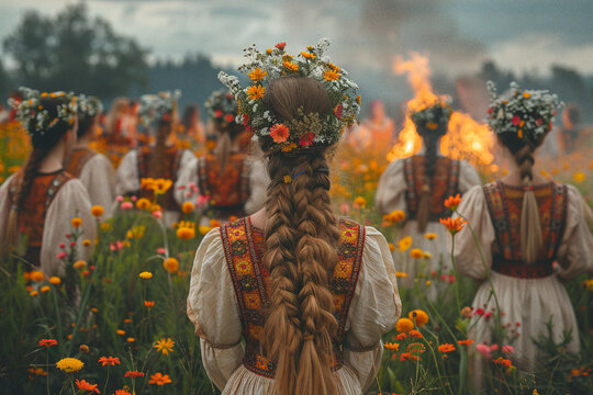 Group of friends sitting around a midsummer bonfire