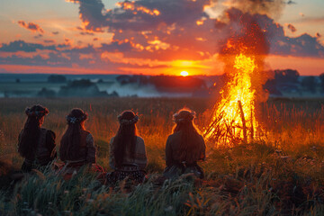 Group of friends sitting around a midsummer bonfire