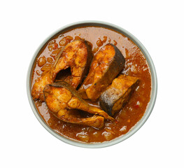 Tasty fish curry on white background, top view. Indian cuisine