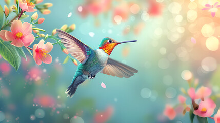 Flying hummingbird web banner, generative ai - obrazy, fototapety, plakaty