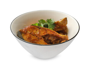 Tasty fish curry on white background. Indian cuisine