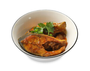 Tasty fish curry on white background. Indian cuisine