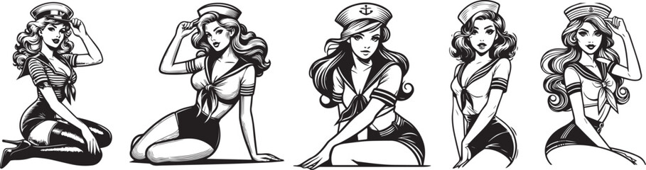 pin-up girls in sailor outfits, nautical charm and allure, black vector graphic - obrazy, fototapety, plakaty