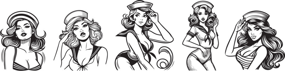 pin-up girls in sailor outfits, nautical charm and allure, black vector graphic