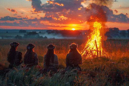 Group of friends sitting around a midsummer bonfire