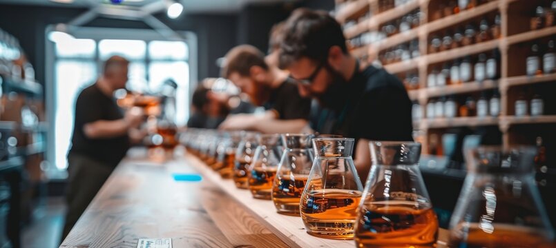 Luxurious whisky distillery with master blenders in modern industrial setting and amber glow