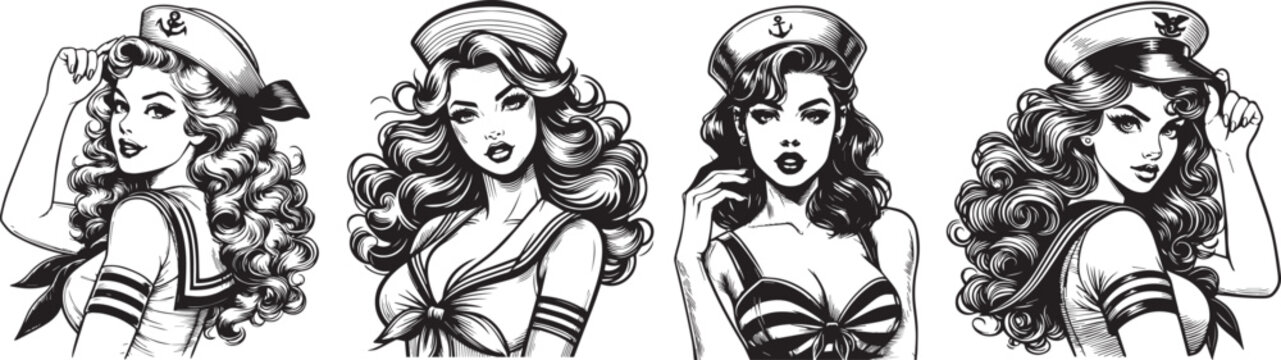pin-up girls in sailor outfits, nautical charm and allure, black vector graphic