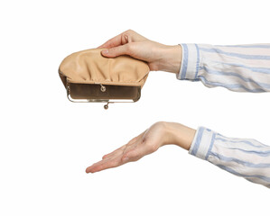 Woman with empty wallet on white background, closeup