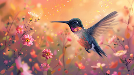 Obraz premium Flying hummingbird web banner, generative ai