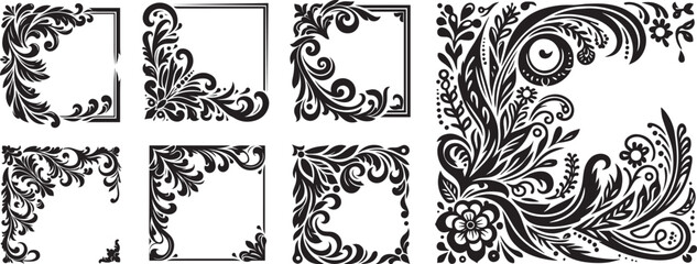 square retro frames, thick solid Victorian-style wood carvings, black vector graphic laser cutting engraving