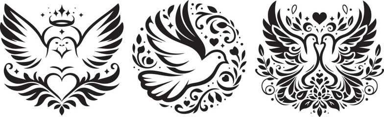 wedding doves in love, floral ornaments for lovers, black vector graphic laser cutting engraving