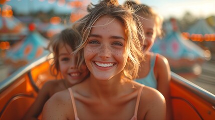 Beautiful woman and two kids having fun on a roller coaster at an amusement park, laughing while riding fast in the style of theme park, family vacation concept.