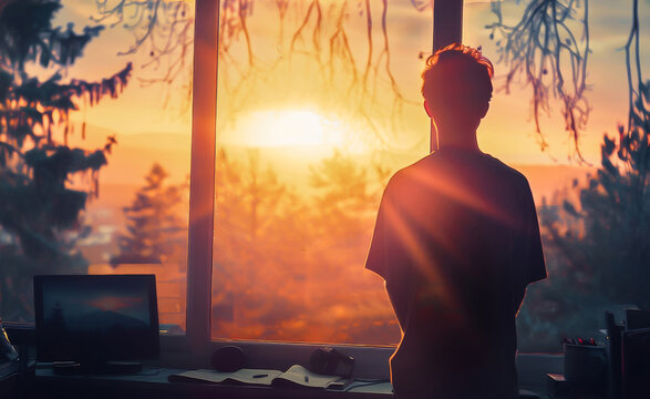 Silhouette Of A Person Standing By A Home Office Window, Looking At A Peaceful Sunset Or Sunrise View.