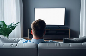 Young man watching television with blank screen sitting at sofa at home, back view. leisure, technology, mass media addiction and people concept. Copy space, empty - obrazy, fototapety, plakaty