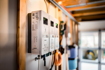 Modern electrical control panel mounted on a home wall, ensuring safe power distribution and energy management. - obrazy, fototapety, plakaty