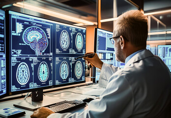 A healthcare professional analyzing MRI brain scans on advanced digital screens in a modern medical facility. - obrazy, fototapety, plakaty