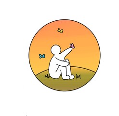 Cute stick figure, touching butterfly animals nature, cartoon style . relax, zen stick man 