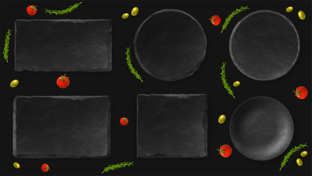 Natural slate plate mockup collection. Top view stone dishes and bowl with tomatoes, olives and rosemary. Gourmet food serving background template vector set