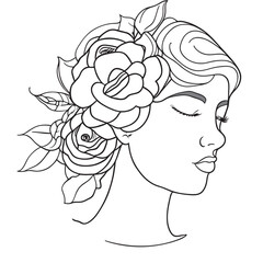 womens face in flowers, vector illustration line art
