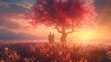 Garden of heaven,Couple in field with sakura tree flower at sunrise or sunset sky. generative ai  - obrazy, fototapety, plakaty