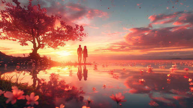 Garden of heaven,Couple in field with sakura tree flower at sunrise or sunset sky. generative ai 