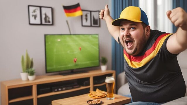 Animated image shows an excited German soccer fan is watching a European soccer match on TV in the living room, has happy emotions and makes a winning pose. He is  wearing a soccer jersey.