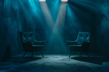 Two chairs and spotlights in podcast or interview room on dark background for media conversations or podcast streamers - obrazy, fototapety, plakaty