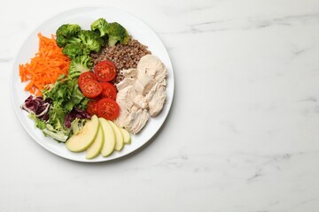 Balanced diet and healthy foods. Plate with different delicious products on white marble table, top view. Space for text
