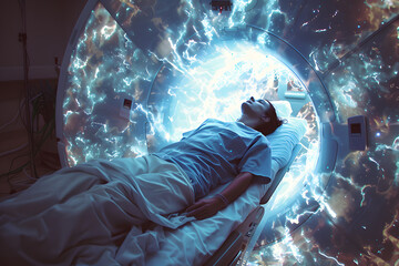 Image of a patient lying down undergoing a magnetic resonance imaging (MRI) scan.