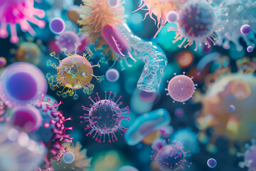 Group of floating different kinds of microscopic bacteria or microbes for medical health tests or exams lab results or medicine scientific research and biology and microbiology
