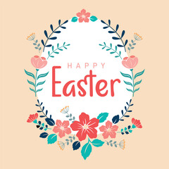 Obraz premium Beautiful easter greeting card with floral design and happy easter lettering, hand drawn vector illustration in colorful design, template for easter cards,social media post,poster,wallpaper,invitation