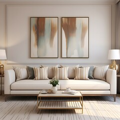 a living room with a couch and two paintings on the wall