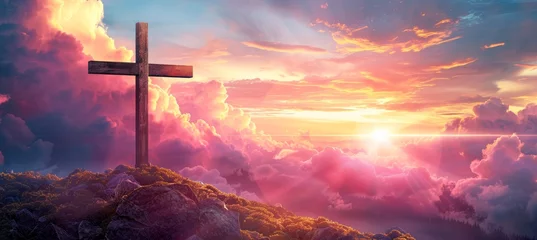 Muurstickers Divine cross symbolizing jesus christ s resurrection on golgotha hill with radiant sky and clouds. © Ilja