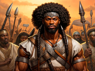 Obraz premium Black warrior with an afro and braids stands in front of a crowd of soldiers.