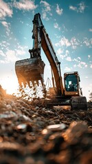 Large excavator on construction site on a sunny day with blue sky and fluffy clouds, cool modern look. AI generated illustration
