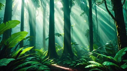 Enchanted Forest Sunlight Filtering Through Dark Canopy, Luxuriant Greenery. Mystical 3D Jungle Scene
You can add a character in the photo!