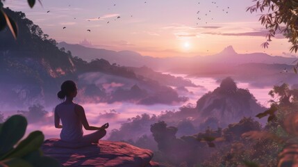 Perched high on a cliff, a person finds solace in meditation as the first rays of dawn illuminate a misty mountainous landscape, embodying a moment of pure tranquility.