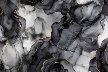 An abstract design of black and white marble patterns with gold veins, creating an elegant and...