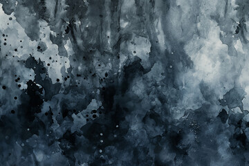 A watercolor abstract featuring dark and light shades of gray and black, evoking a stormy sky or turbulent sea with splatter details.
