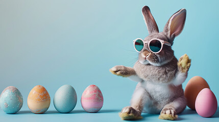 Easter bunny wearing sunglasses and Easter eggs on blue background. - obrazy, fototapety, plakaty