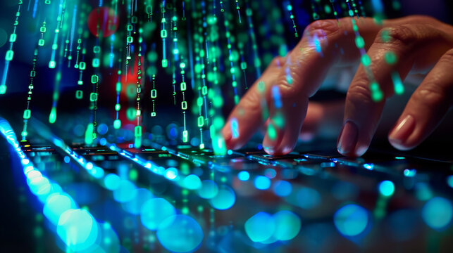 A programmer's hand typing code on a holographic keyboard with vibrant holograms that represent algorithms and data structures, futuristic technology concept