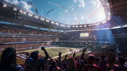 Wide angle of American football fans at stadium are cheering for their team . - obrazy, fototapety, plakaty