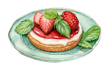 A vibrant painting of a delectable strawberry tart on a delicate plate, showcasing the artistry of dessert creation