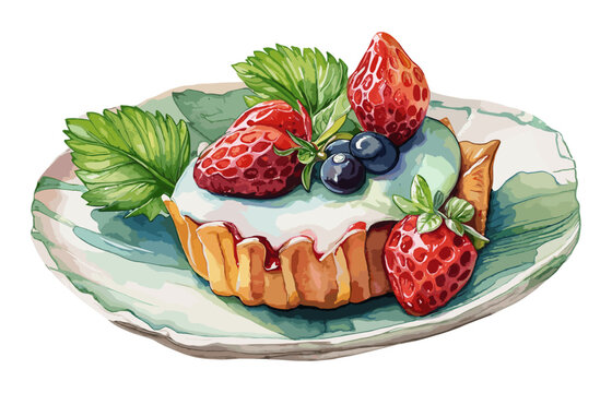 A colorful painting featuring a delicious cake on a plate, adorned with fresh strawberries and juicy blueberries